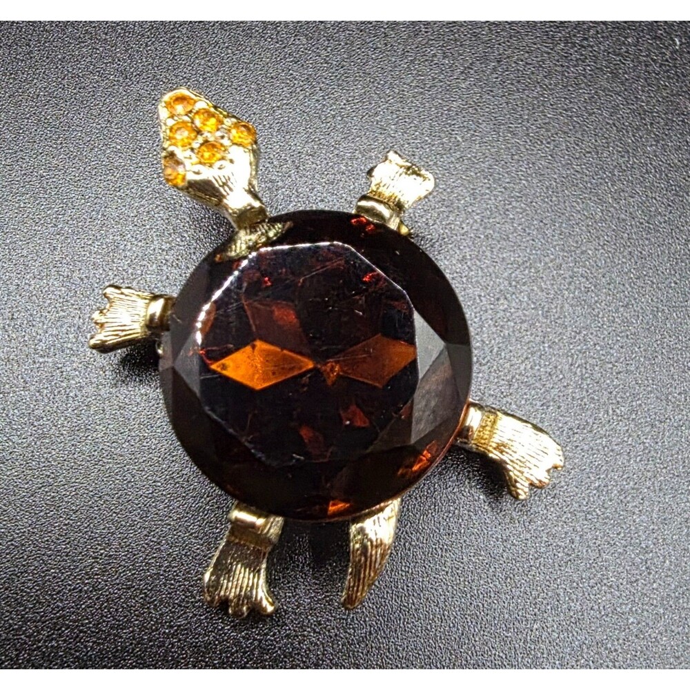 Vintage Amber Glass Turtle Brooch Faceted Root Beer Glass Gold Tone Figural Pin